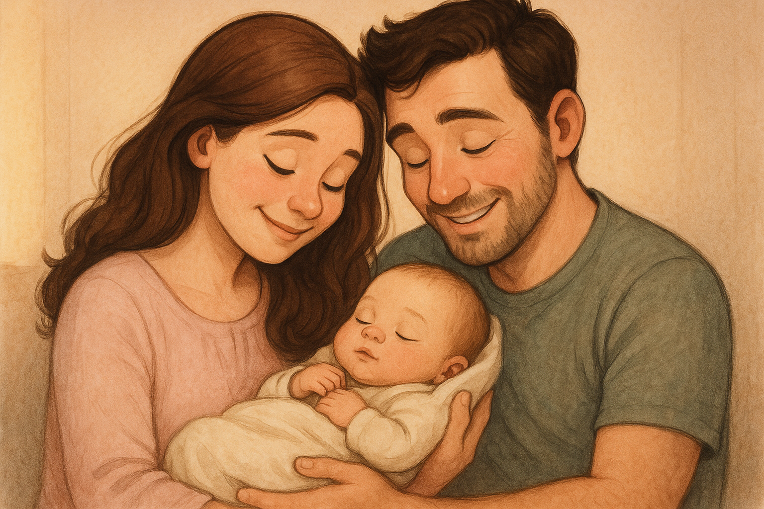 IMMAGINE CARTOON REALISTIC DI DUE GENITORI CHE TENGONO IN BRACCIO UN BIMBO APPENA NATO